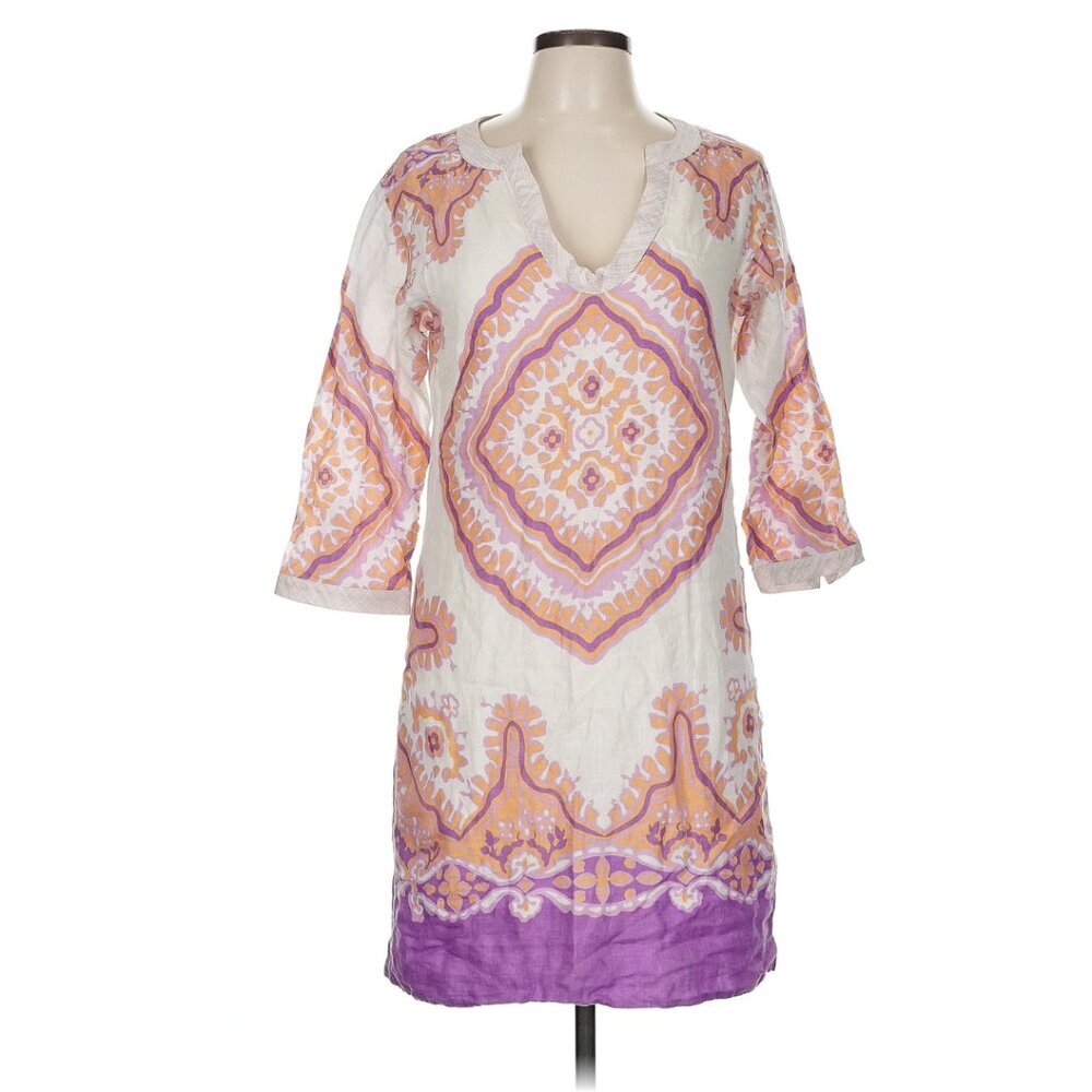 J. Crew Cream & Lavender Bazaar Scroll Print 3/4 Sleeve Linen Dress Sz 6 - Picture 2 of 5